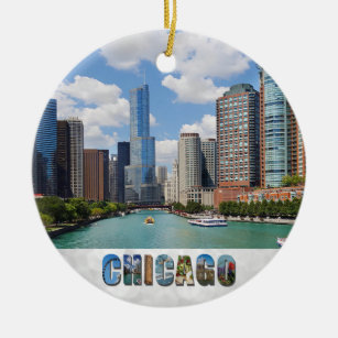 Chicago Illinois River Skyline Photo Christmas Ceramic Ornament