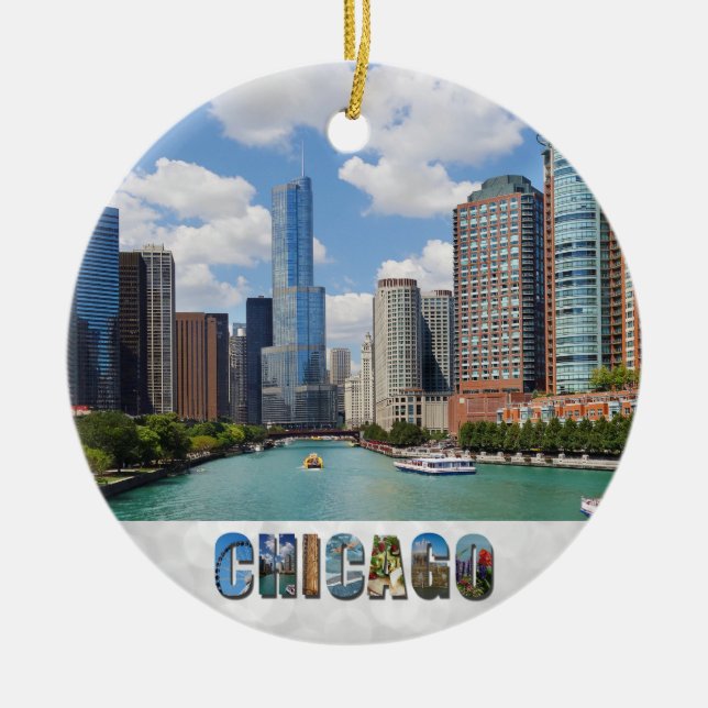 Chicago Illinois River Skyline Photo Christmas Ceramic Ornament (Front)