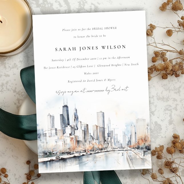 Chicago Illinois Scape Watercolor Bridal Shower Invitation (Creator Uploaded)