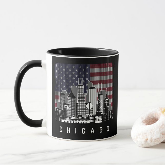 Chicago Illinois Skyline American Flag Mug (With Donut)