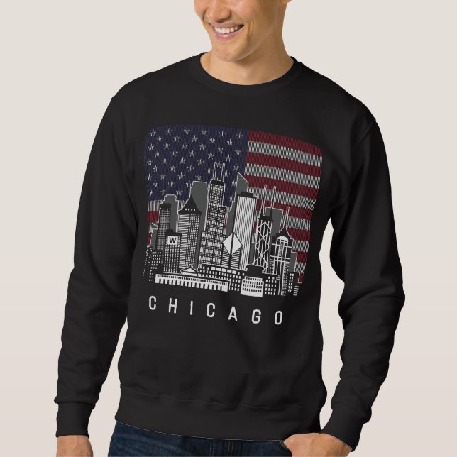 Chicago Illinois Skyline American Flag Sweatshirt (Front)