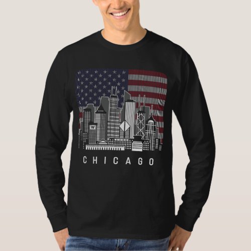 Chicago Illinois Skyline American Flag T_Shirt