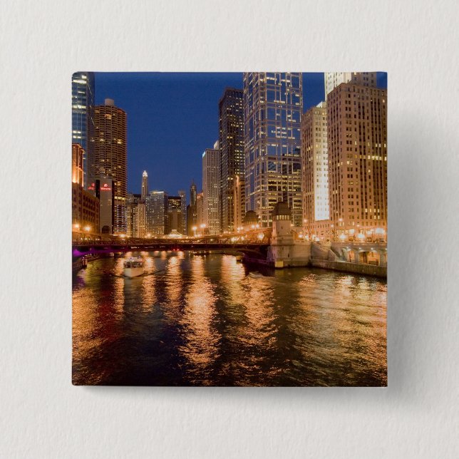 Chicago, Illinois, Skyline and Chicago River at 2 Pinback Button (Front)