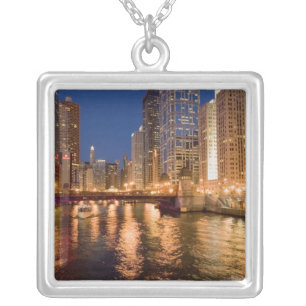 Chicago, Illinois, Skyline and Chicago River at 2 Silver Plated Necklace