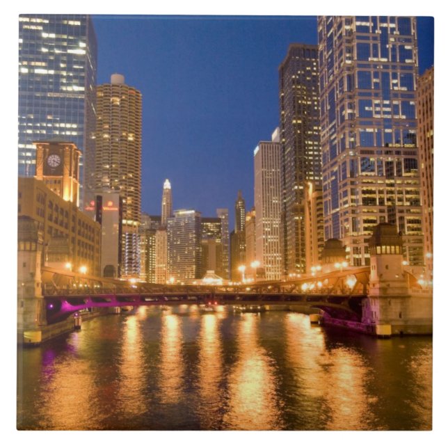 Chicago, Illinois, Skyline and Chicago River at Ceramic Tile (Front)