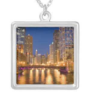Chicago, Illinois, Skyline and Chicago River at Silver Plated Necklace