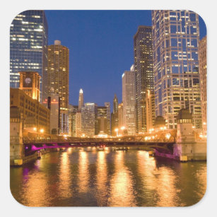 Chicago, Illinois, Skyline and Chicago River at Square Sticker