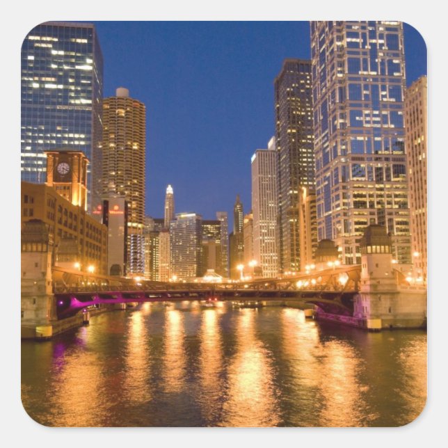 Chicago, Illinois, Skyline and Chicago River at Square Sticker (Front)