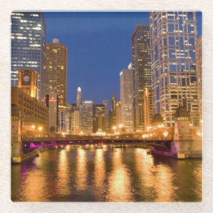 Chicago, Illinois, Skyline and Chicago River Glass Coaster