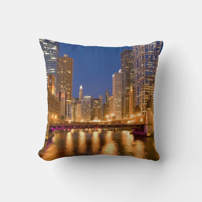 Chicago, Illinois, Skyline and Chicago River Throw Pillow (Front)
