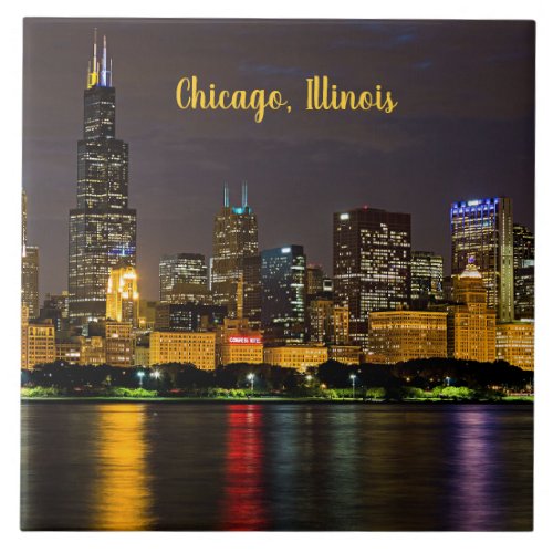 Chicago Illinois Skyline at Night Ceramic Tile