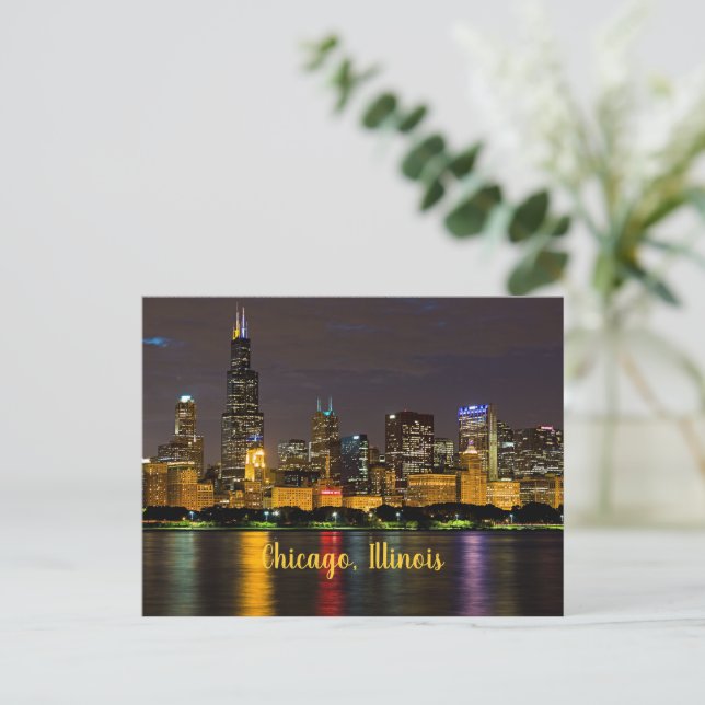 Chicago, Illinois Skyline at Night Postcard (Standing Front)