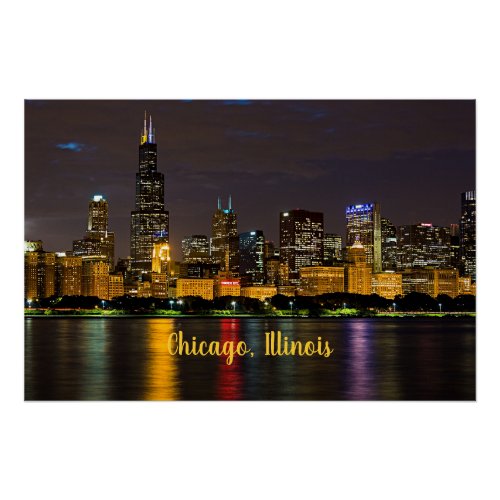 Chicago Illinois Skyline at Night Poster