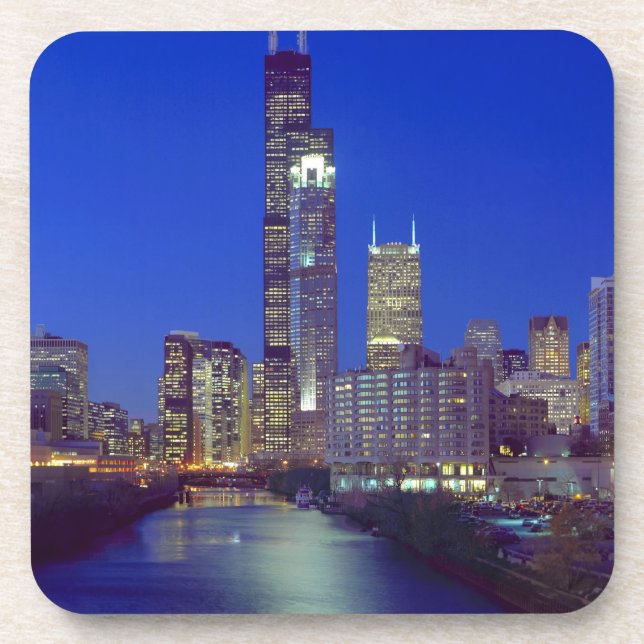 Chicago, Illinois, Skyline at night with Chicago Beverage Coaster (Front)