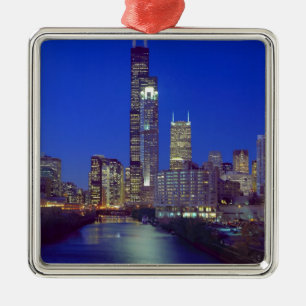 Chicago, Illinois, Skyline at night with Chicago Metal Ornament