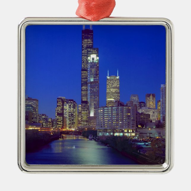 Chicago, Illinois, Skyline at night with Chicago Metal Ornament (Front)