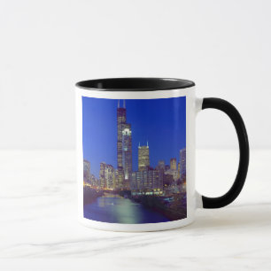 Chicago, Illinois, Skyline at night with Chicago Mug