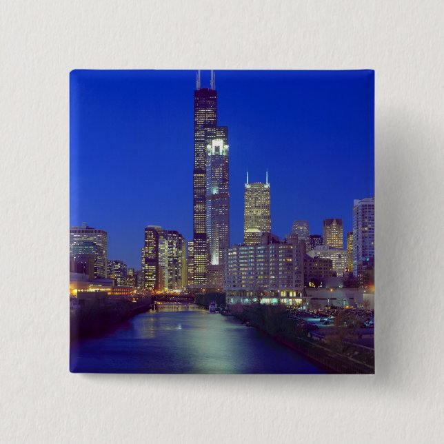 Chicago, Illinois, Skyline at night with Chicago Pinback Button (Front)
