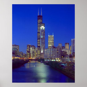 Chicago, Illinois, Skyline at night with Chicago Poster