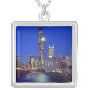 Chicago, Illinois, Skyline at night with Chicago Silver Plated Necklace