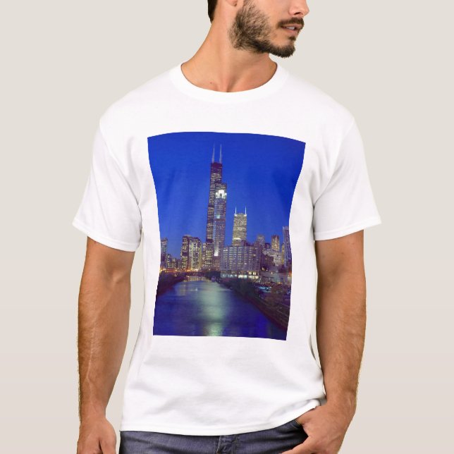 Chicago, Illinois, Skyline at night with Chicago T-Shirt (Front)