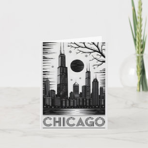 Chicago Illinois Skyline Black White Woodcut Card