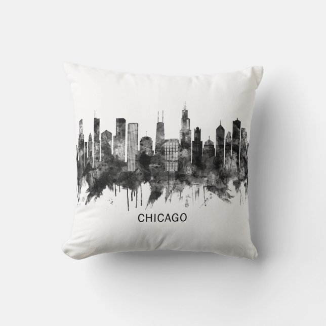 Chicago Illinois Skyline BW Throw Pillow (Front)