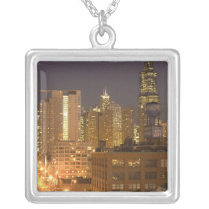 Chicago, Illinois, Skyline from West Loop at Silver Plated Necklace