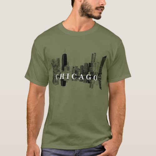 Chicago Illinois skyline in black T_Shirt