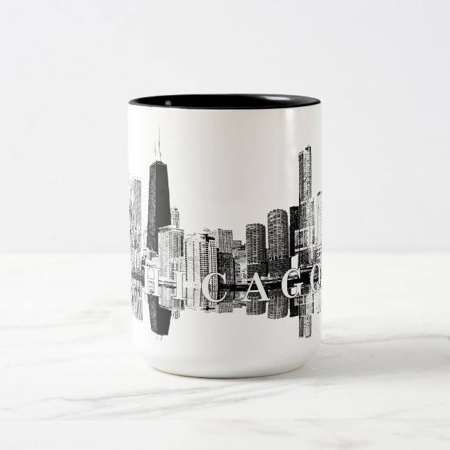 Chicago, Illinois skyline in black Two-Tone Coffee Mug (Center)
