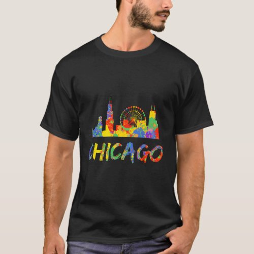Chicago Illinois Skyline Paint Splash Rainbow T_Shirt