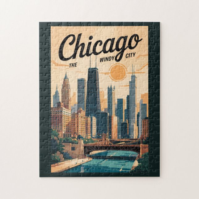 Chicago Illinois Skyline Travel Art Vintage Jigsaw Puzzle (Vertical)