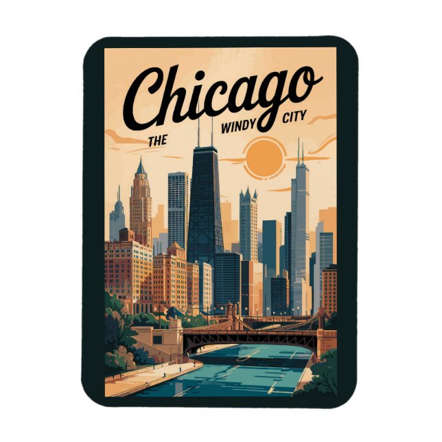 Chicago Illinois Skyline Travel Art Vintage Magnet (Vertical)