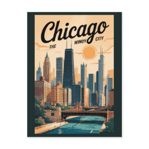 Chicago Illinois Skyline Travel Art Vintage Postcard