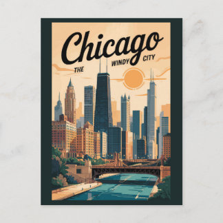 Chicago Illinois Skyline Travel Art Vintage Postcard