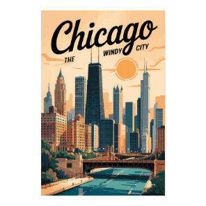 Chicago Illinois Skyline Travel Art Vintage Poster