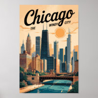 Chicago Illinois Skyline Travel Art Vintage