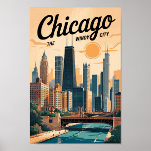 Chicago Illinois Skyline Travel Art Vintage Poster