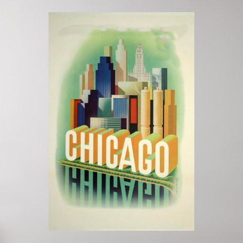 Chicago Illinois Skyline Vintage Travel Poster