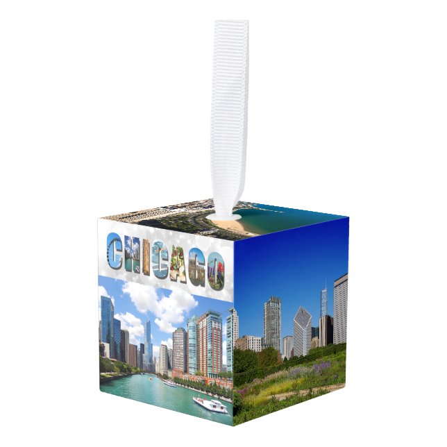 Chicago Illinois Travel Photos Christmas Cube Ornament (Front Angled)