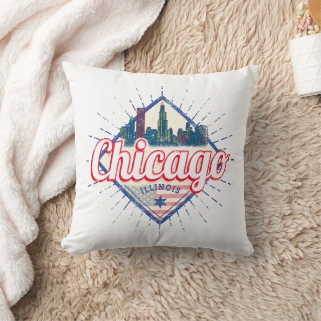 Chicago Illinois United States Retro Skyline USA Throw Pillow (Blanket)