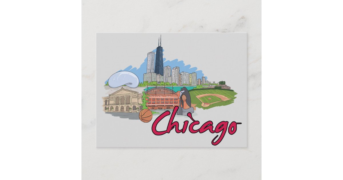 Chicago script logo in red postcard, Zazzle