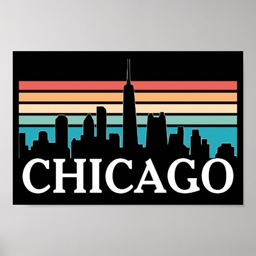 Chicago Illinois Vintage Retro Sunset Skyline Poster