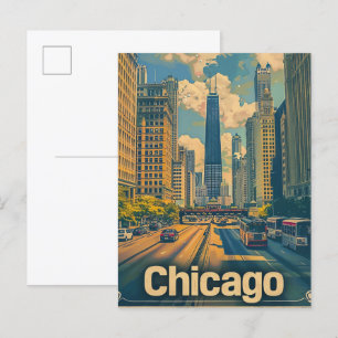 Chicago Illinois Vintage Retro Travel Illustration Postcard
