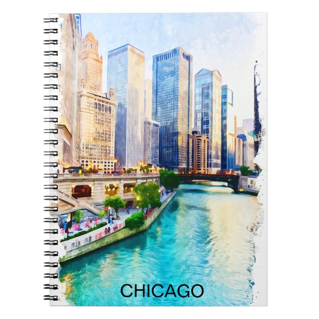 Chicago Illinois Watercolor City View Notebook (Front)