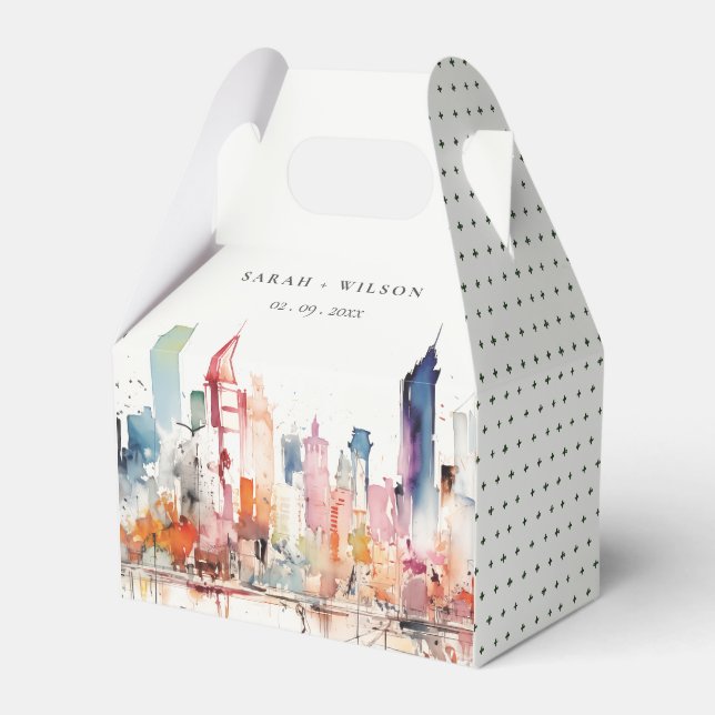 Chicago Illinois Watercolor Landscape Wedding Favor Boxes (Front Side)