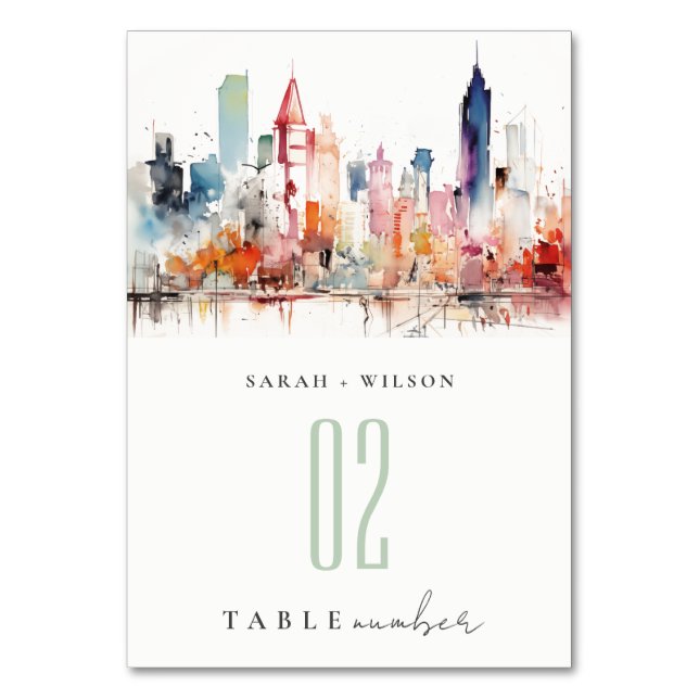Chicago Illinois Watercolor Landscape Wedding Table Number (Front)