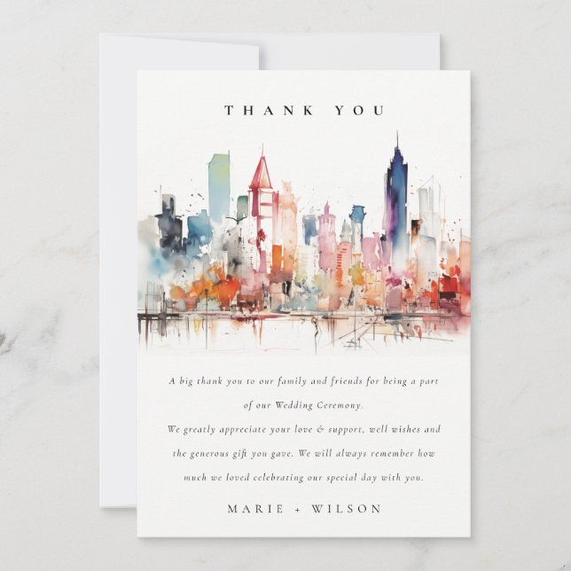 Chicago Illinois Watercolor Landscape Wedding Thank You Card (Front)