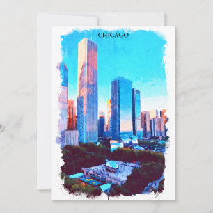 Chicago Illinois Watercolor Paint Illustration Card