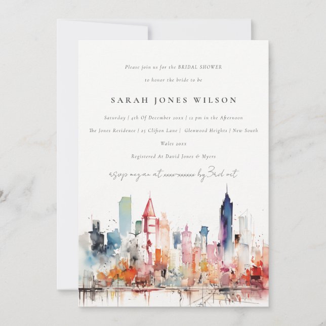 Chicago Illinois Watercolor Scape Bridal Shower Invitation (Front)